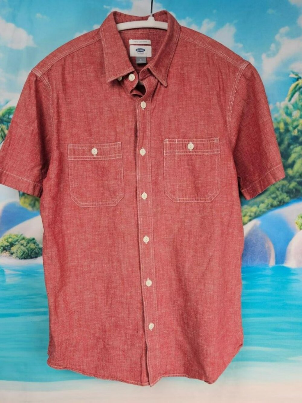 Old Navy Mens S Shirt Slim Fit Red Short Sleeve Button-Up Linen Cotton Preppy